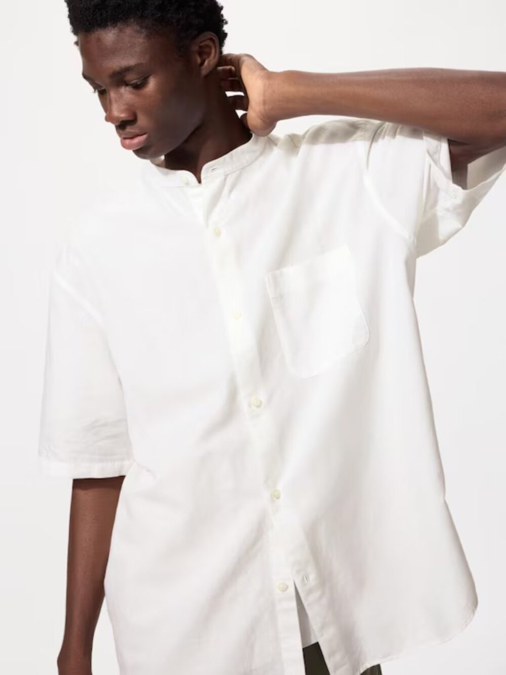 UNIQLO Cotton Linen Stand Collar Button Front Shirt White Med SS Beach Vacation